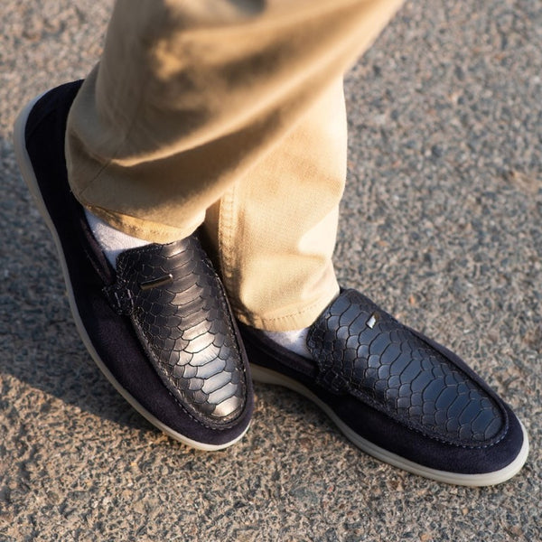 Menaes Turkish-Made Crocodile Style Suede Leather Shoes in Blue