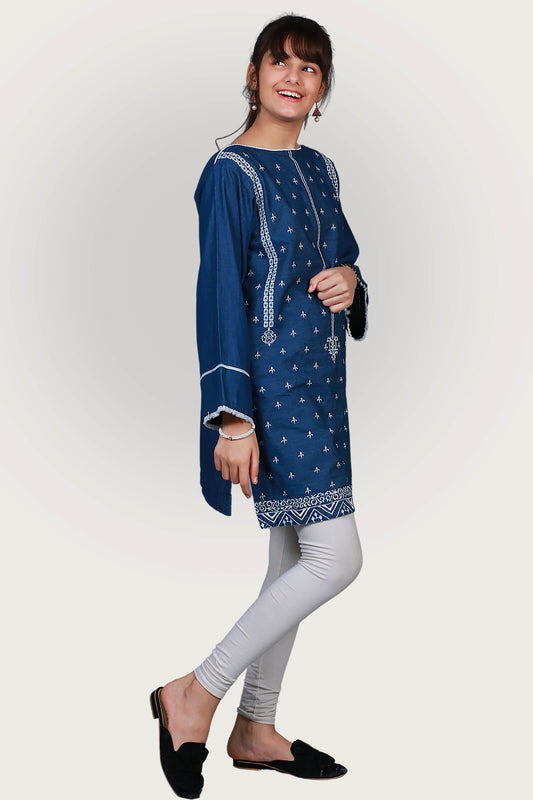 JEANS TENSILE EMBROIDRED FROCK SKU: KHW-0027