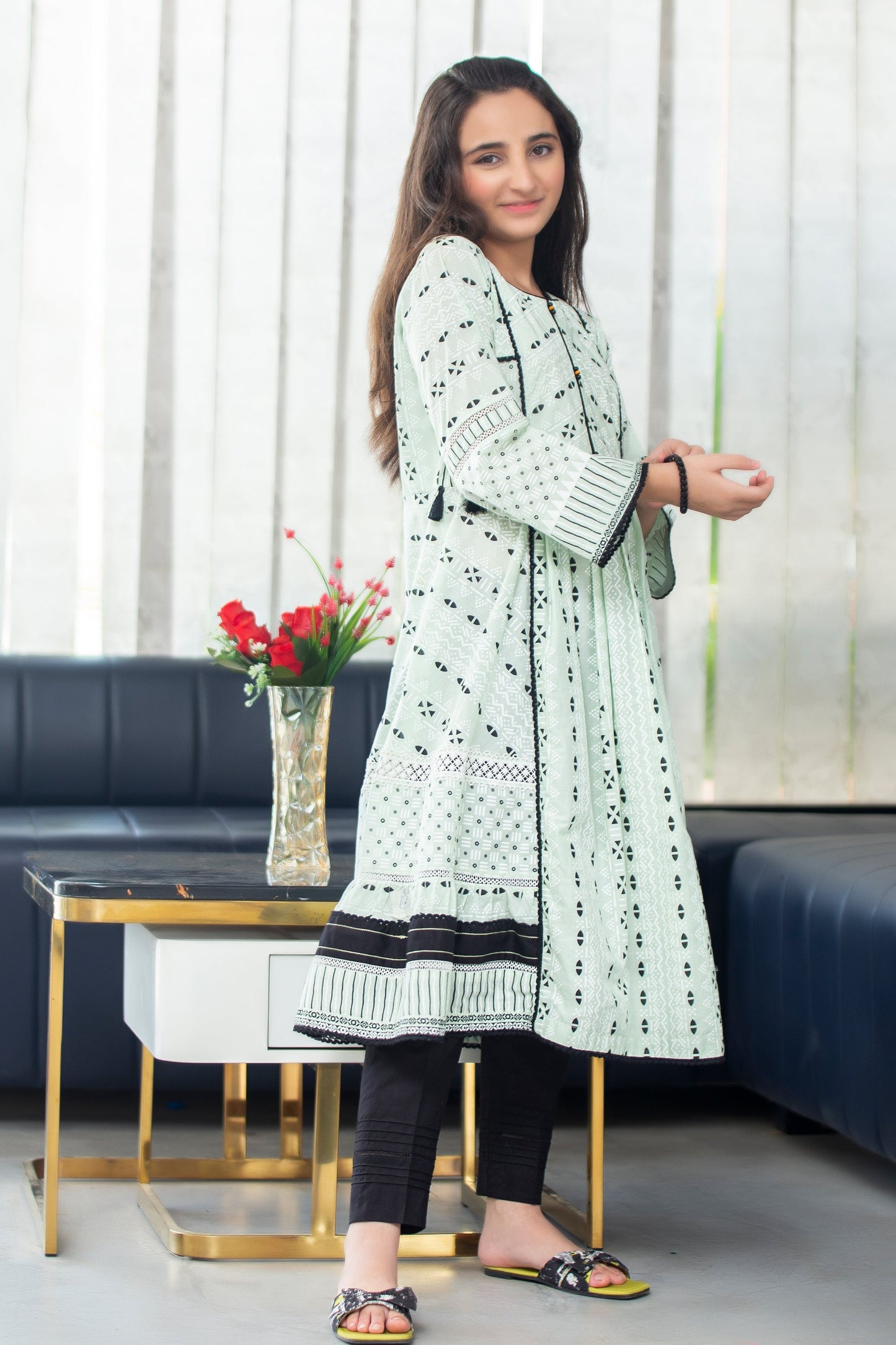 2PCSFRK-043, Mint green cotton lawn 2 pc dress with comination of black lace