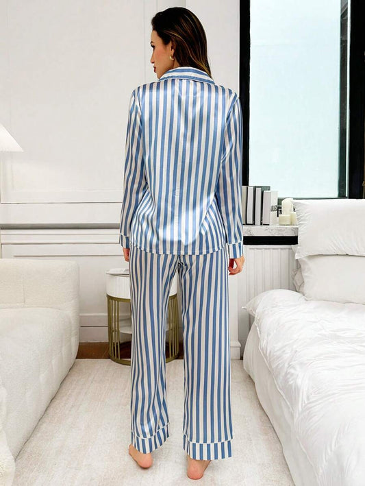 She's Inn Stylish stripe print Women Nightwear Smoothy Silky Satin Pajama set Night Drees For Girls