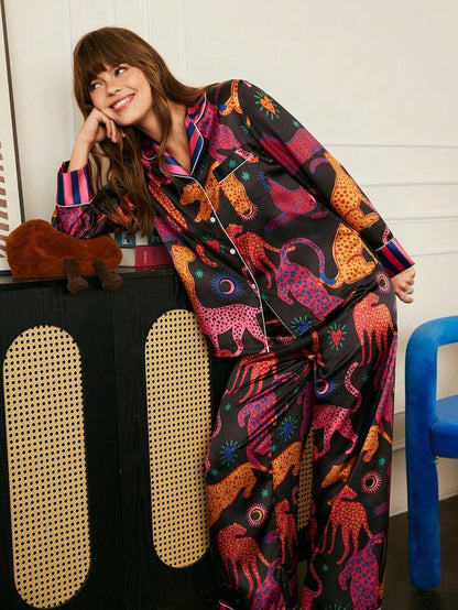 She's Inn Stylish Leopard Print Women Nightwear Smoothy Silky Satin Pajama set Night Drees