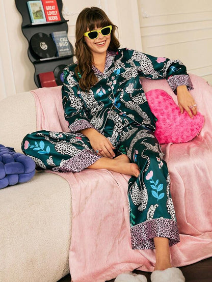 She's Inn Stylish Leopard Print Women Nightwear Smoothy Silky Satin Pajama set Night Drees For Girls