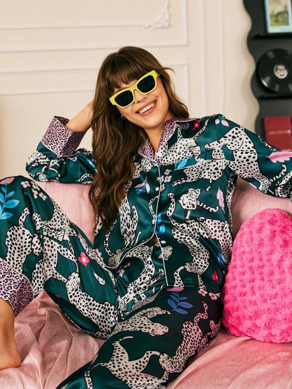 She's Inn Stylish Leopard Print Women Nightwear Smoothy Silky Satin Pajama set Night Drees For Girls