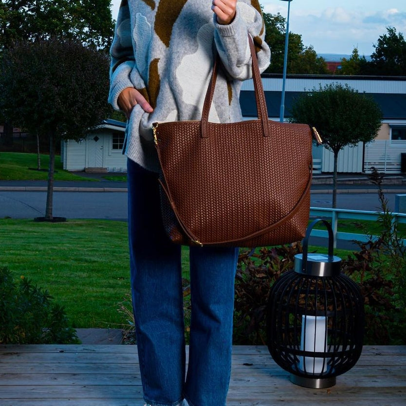 Handmade Woven Original Leather Bag With Zipper-Tan Brown