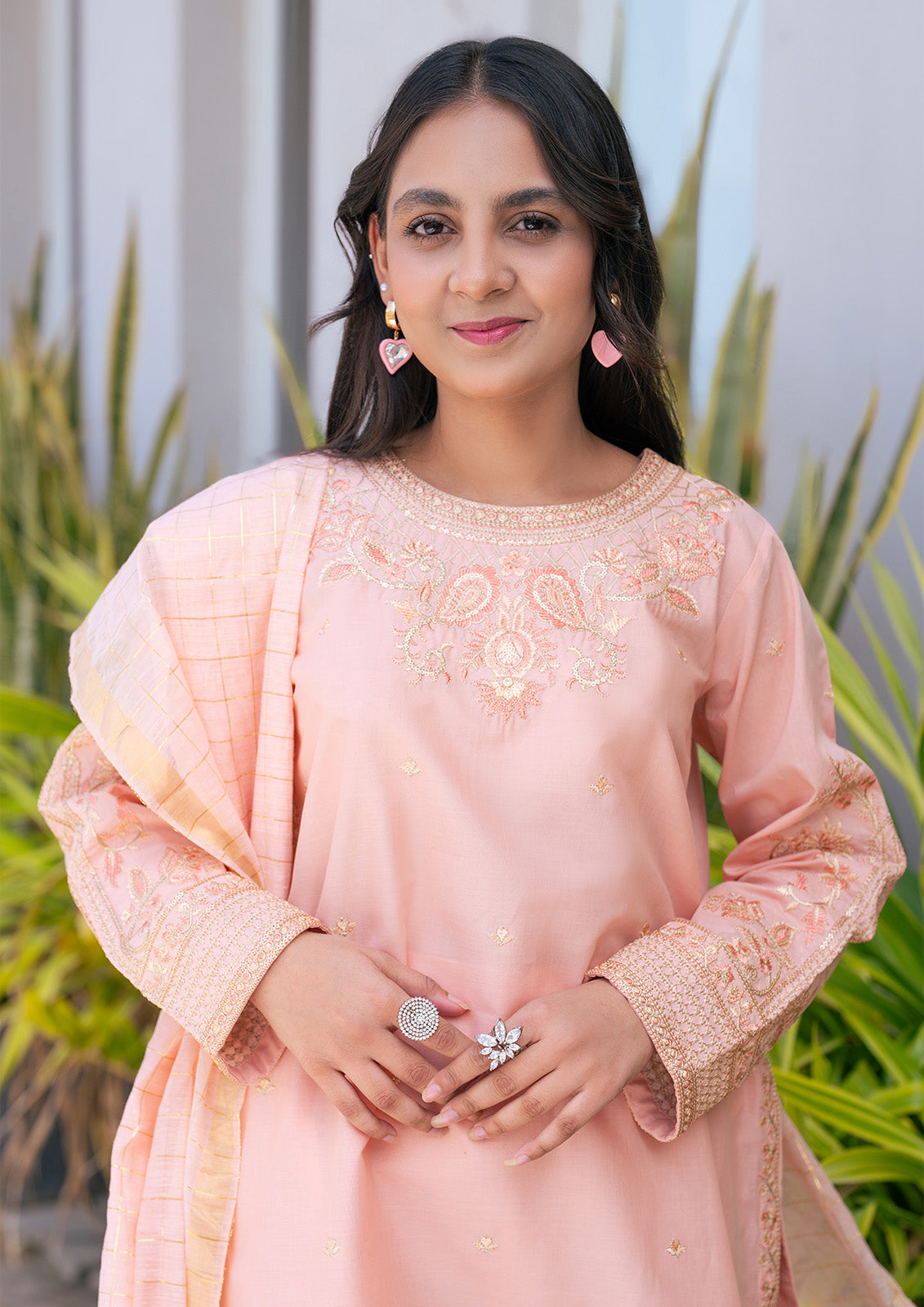 T-SFC-005, Embroidery shirt with plan trouser and peach dupatta, 3 Pcs Suit