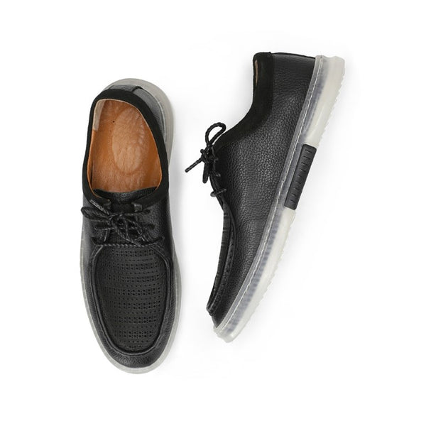 Turkish-made Breathable Dotted-design Leather Shoes in Black with Transparent Sole