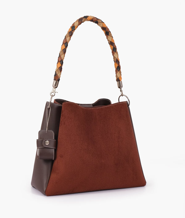 RTW Creation - Dark brown suede handbag with braided handle