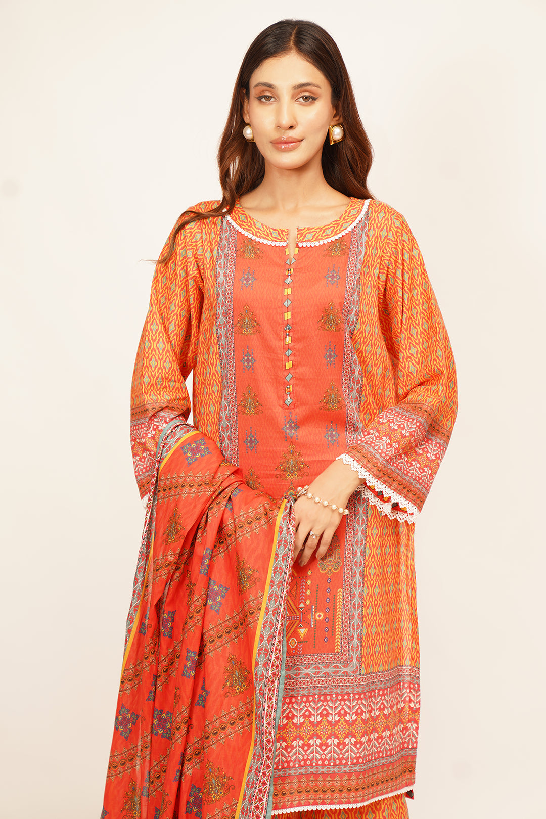 3Pcs Digital Printed Suit in Pinkish Orange SKU: UN-008
