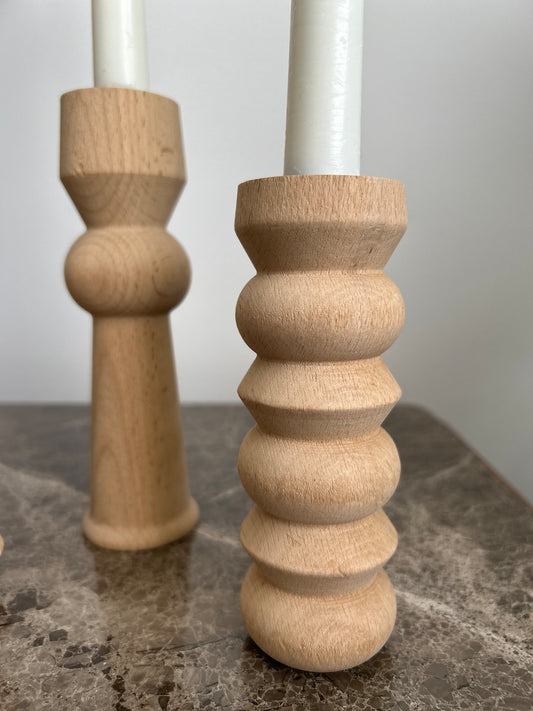 Scandinavian Wooden Candle Holder Set: Handcrafted Mid-Century Décor