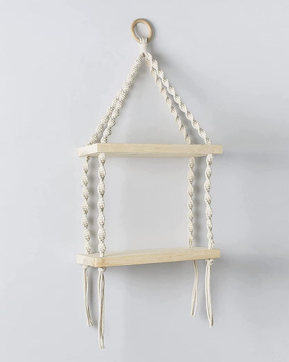 2-Tier Macrame Floating Wall Shelf Hanging Wooden Shelves