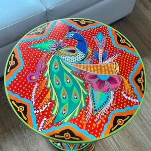 Handmade painted yellow table, Moroccan side table in Arabic wood