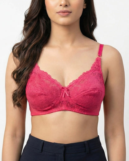 LACENTIALS Luxe, Intricate Lace Cup Unpadded Polyester Jersey Bra, Hot Pink