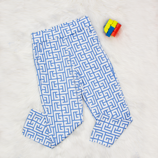 Girl White/Sky Blue Printed Trouser