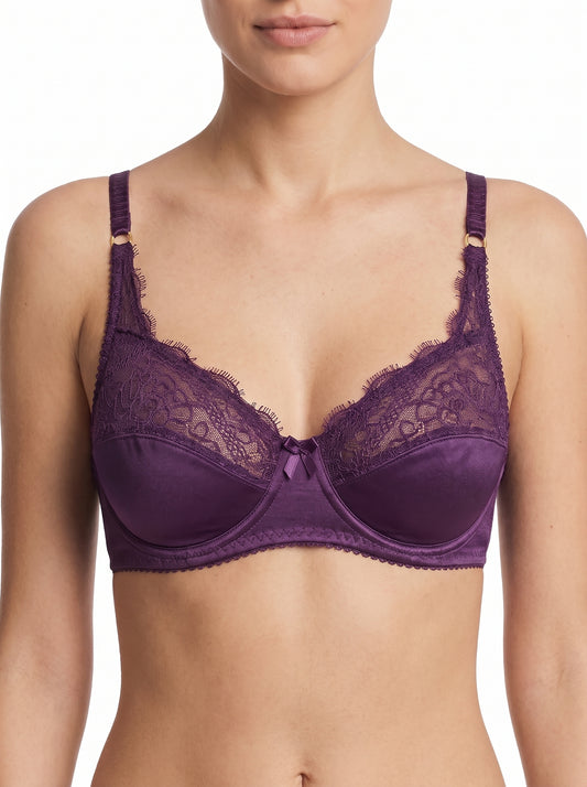ROMANCE Forever, Half Lace Unpadded Polyester Jersey Bra, PURPLE