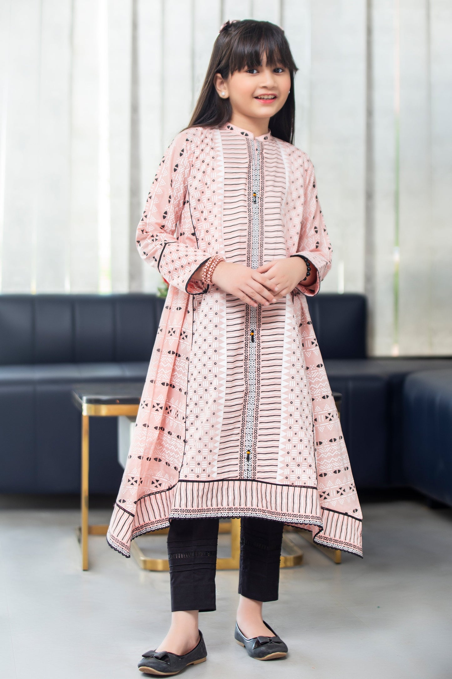 2PCSFRK-042, Baby pink cotton lawn 2 pc dress with combination of black lace