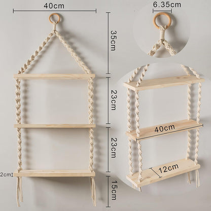 3-Tier Macrame Floating Wall Shelf Hanging Wooden Shelves