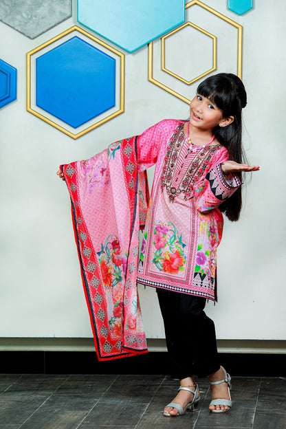 PRSDT-085 Digital Printed Embroidered Lawn Shirt, Dupatta & Cotton Trouser