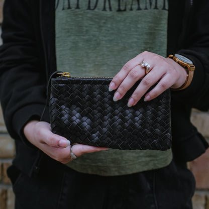 Coffer Mini Handwoven Leather Zipper Clutch-Black