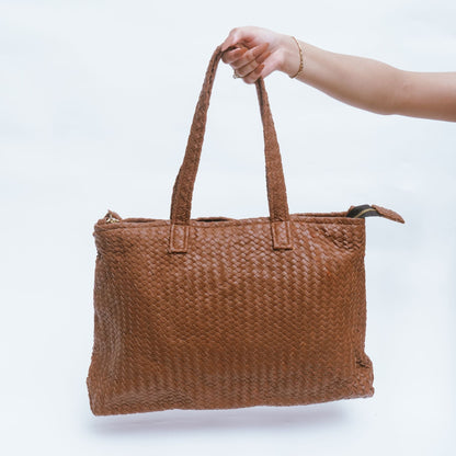 Handmade Woven Original Leather Bag With Zipper-Tan Brown
