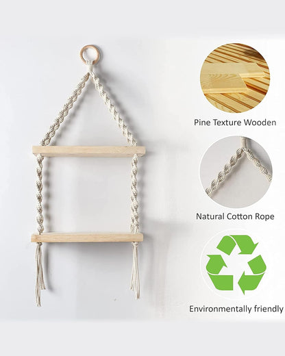 2-Tier Macrame Floating Wall Shelf Hanging Wooden Shelves