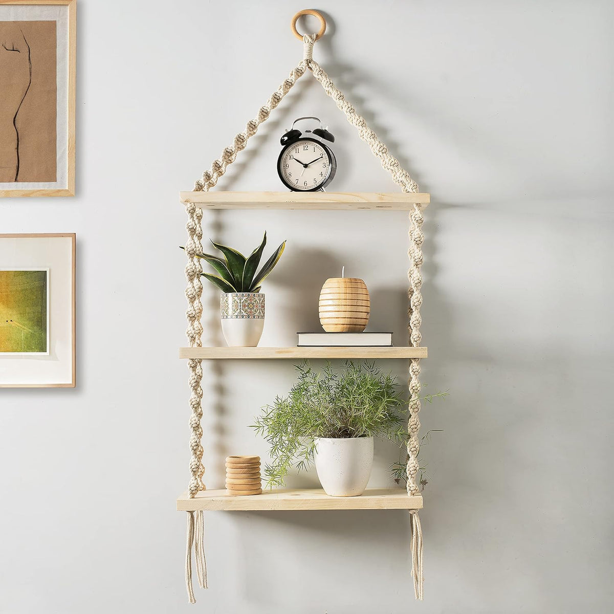 3-Tier Macrame Floating Wall Shelf Hanging Wooden Shelves