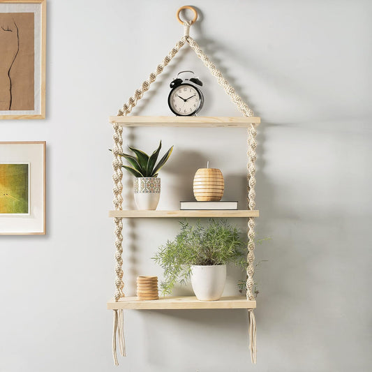 3-Tier Macrame Floating Wall Shelf Hanging Wooden Shelves