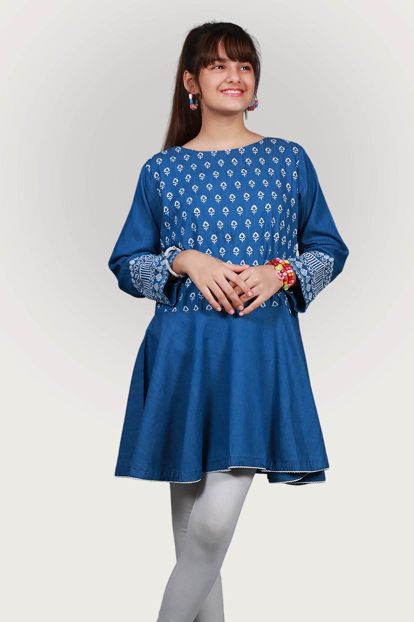 JEANS TENSILE EMBROIDRED FROCK SKU: KHW-0025