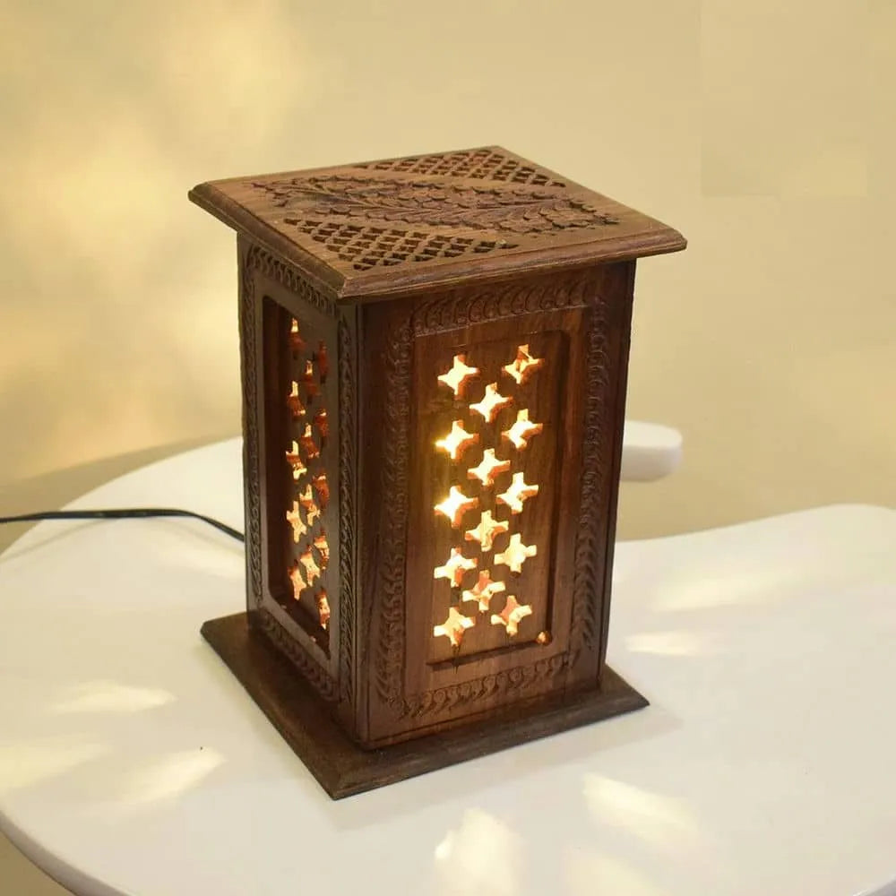 Handcrafted Carved Antique Wooden Lamp ( Set of 2 )