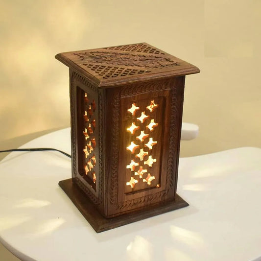 Handcrafted Carved Antique Wooden Lamp ( Set of 2 )