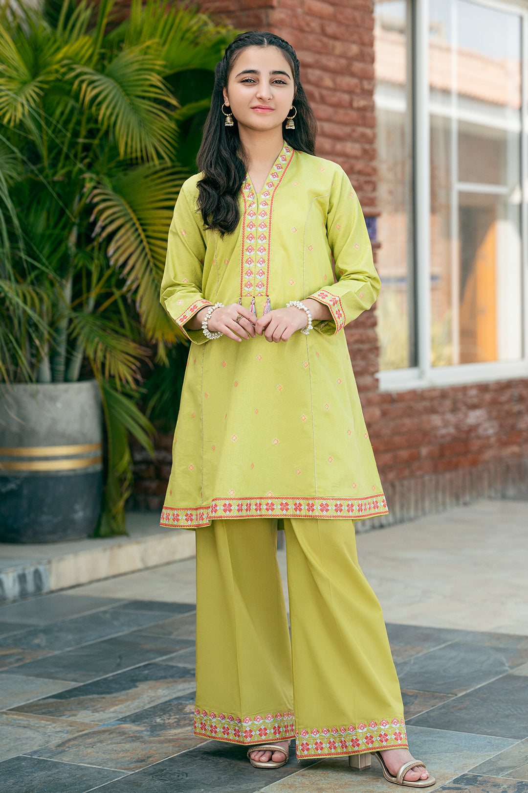 JAQUARD EMBROIDERED AND PRINTED SHIRT WITH PLAIN EMBROIDERED PLAZZO SKU :T-SFC-029