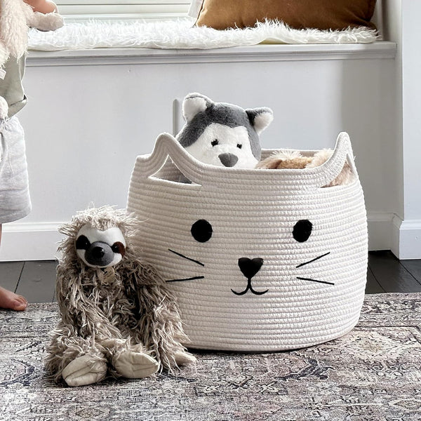 Cat-Shaped Kids Toy Basket  Cotton Rope Storage Basket (Large)