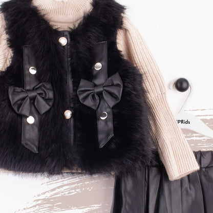 Baby Girl 3 Piece Set Black Bow Fur Jacket Style