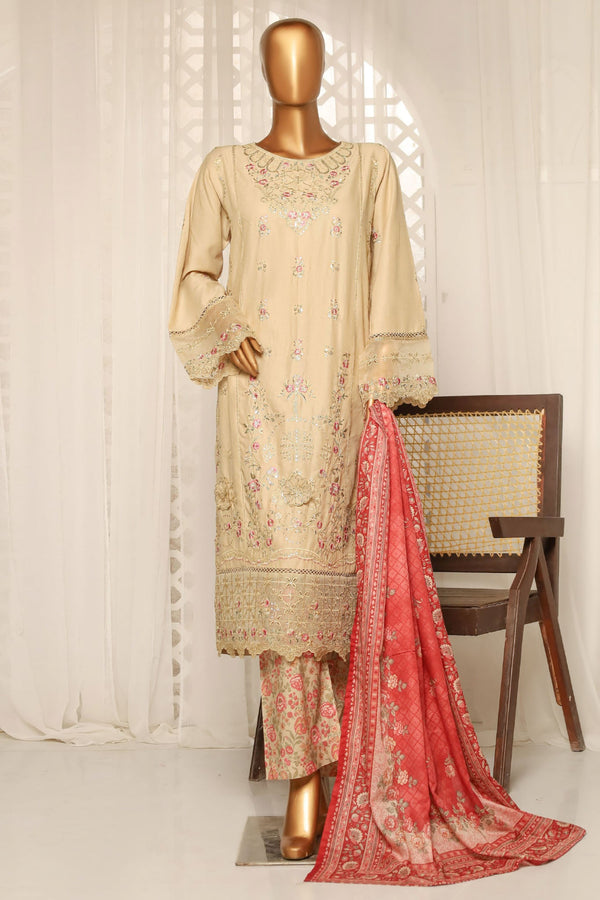 Bin Saeed Stitched 3 Piece Luxury Plain Cotton With Printed Back Collection'2025-NSM-2177-Off White