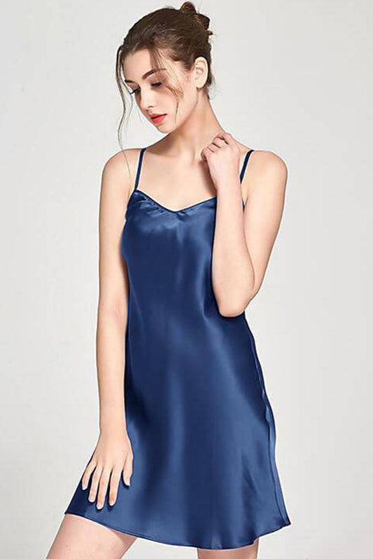 Women Luxury Short 100% Mulberry Silk Nighty-VL-CHM01-NVY