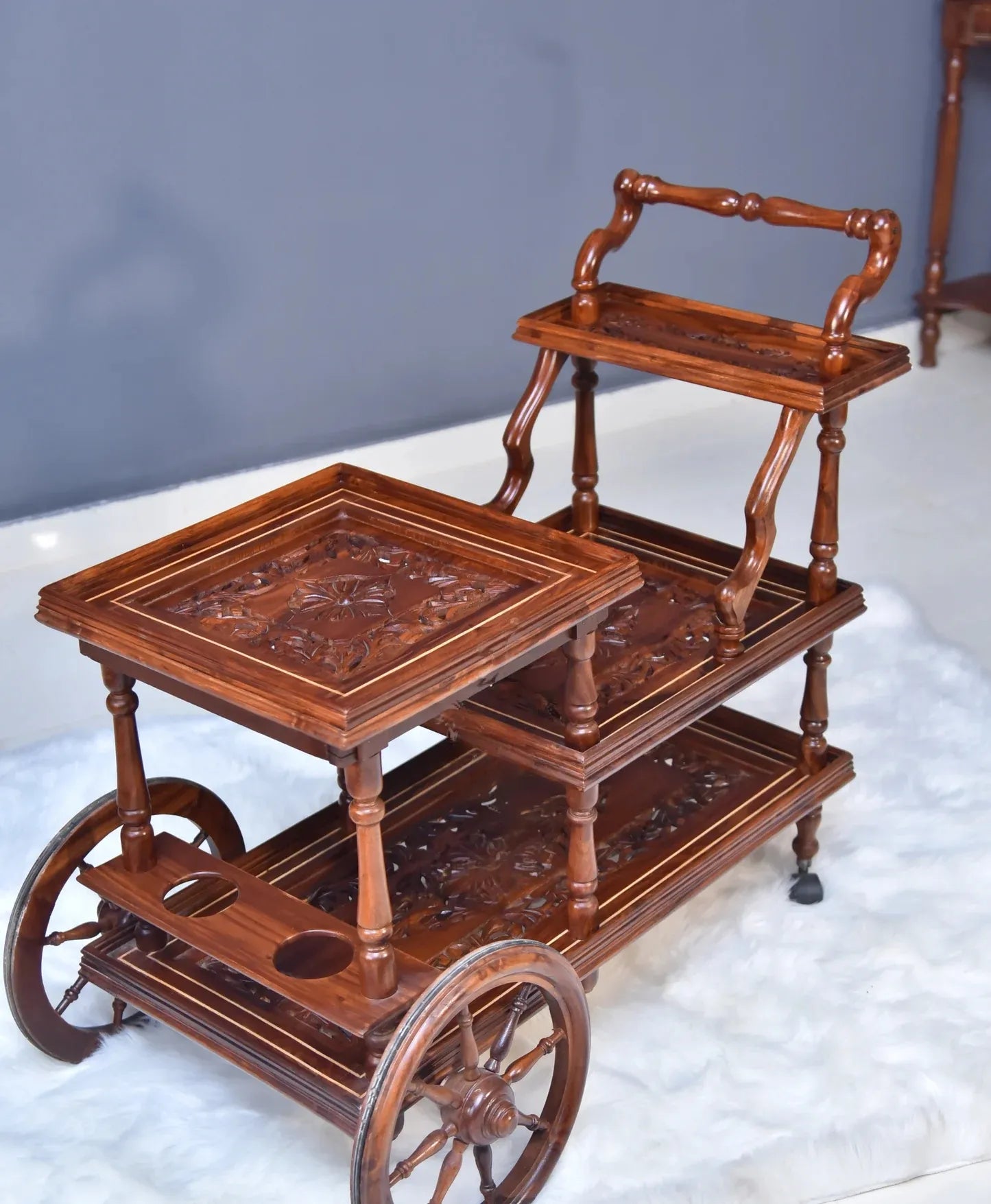 Solid Wooden Mesh Multi-Step Tier Rectangular Tea Trolley