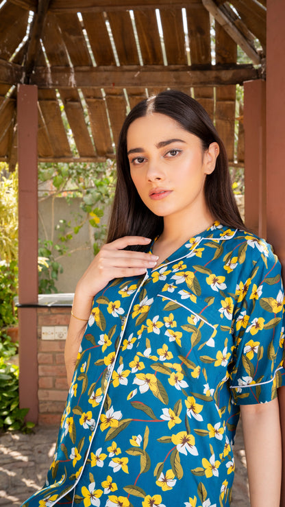Teal Blue Flowers Half Sleeves PJ Set