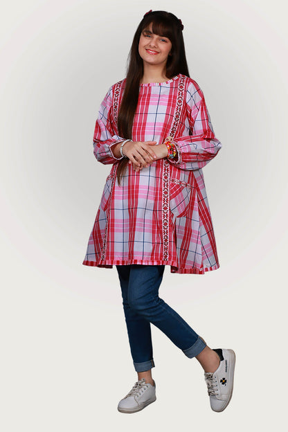 FRK-037 CHECK EMBROIDRED FROCK