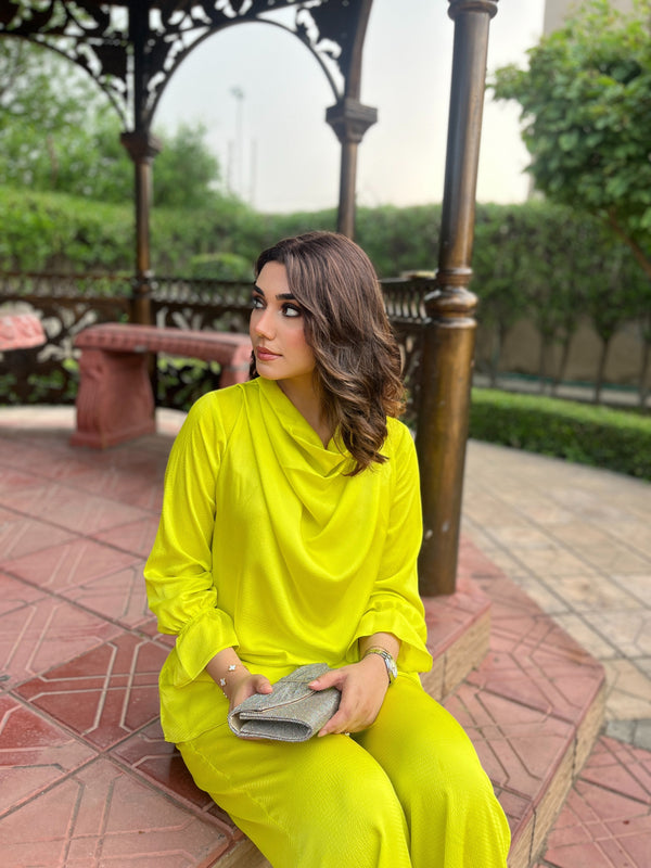 Manahils Stitched Co Ords Cowl Neck Lime