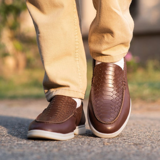 Turkish-Made Crocodile Style Leather Shoes in Dark Brown Color