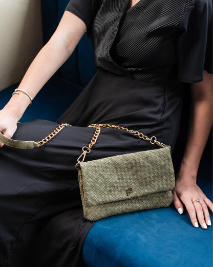 Woven Dreams Fold Over Cross Body Leather Clutch- Zipper