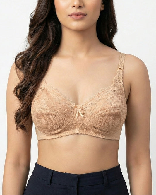 LACENTIALS Luxe, Intricate Lace Cup Unpadded Polyester Jersey Bra, Skin