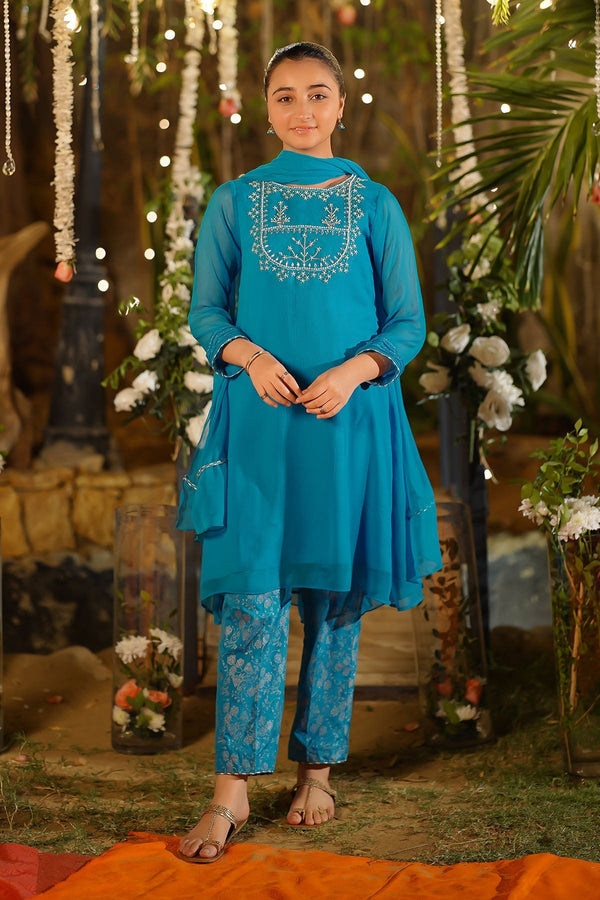 Ochre Clothing Girls Full Suits Chiffon Hand Adda Work 3 Pc Suit