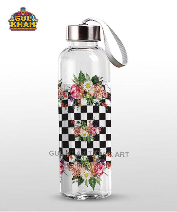 Printed Glass Bottle Flower & Checkers Design