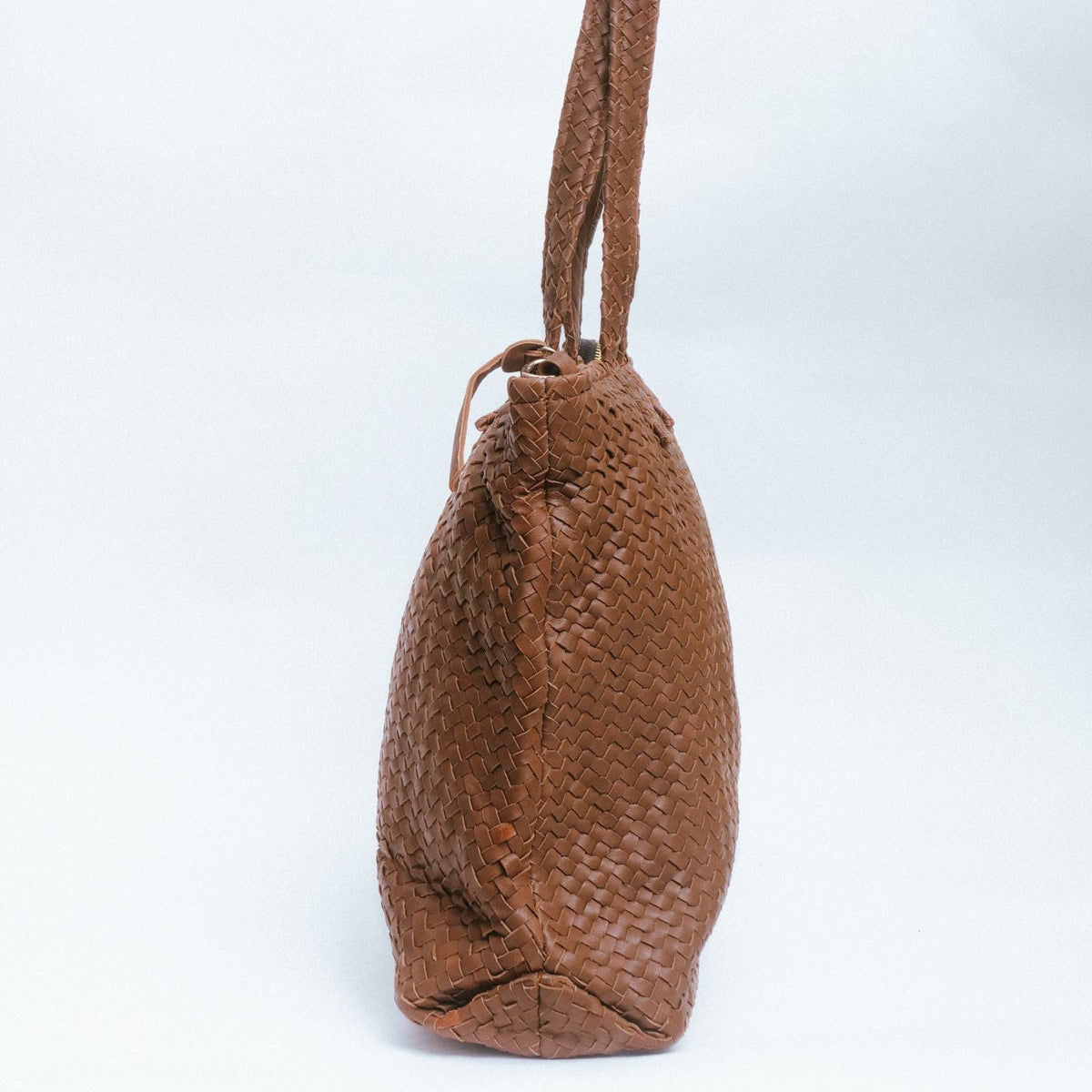 Handmade Woven Original Leather Bag With Zipper-Tan Brown