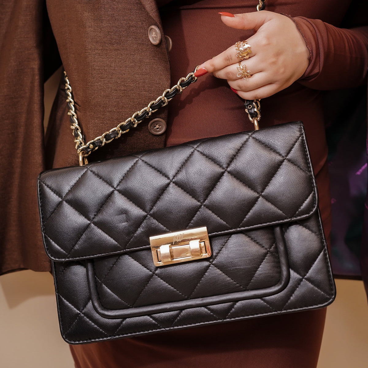 Flora Quilted Crossbody Leather Bag- tanbrown
