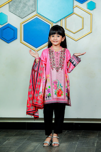 PRSDT-085 Digital Printed Embroidered Lawn Shirt, Dupatta & Cotton Trouser