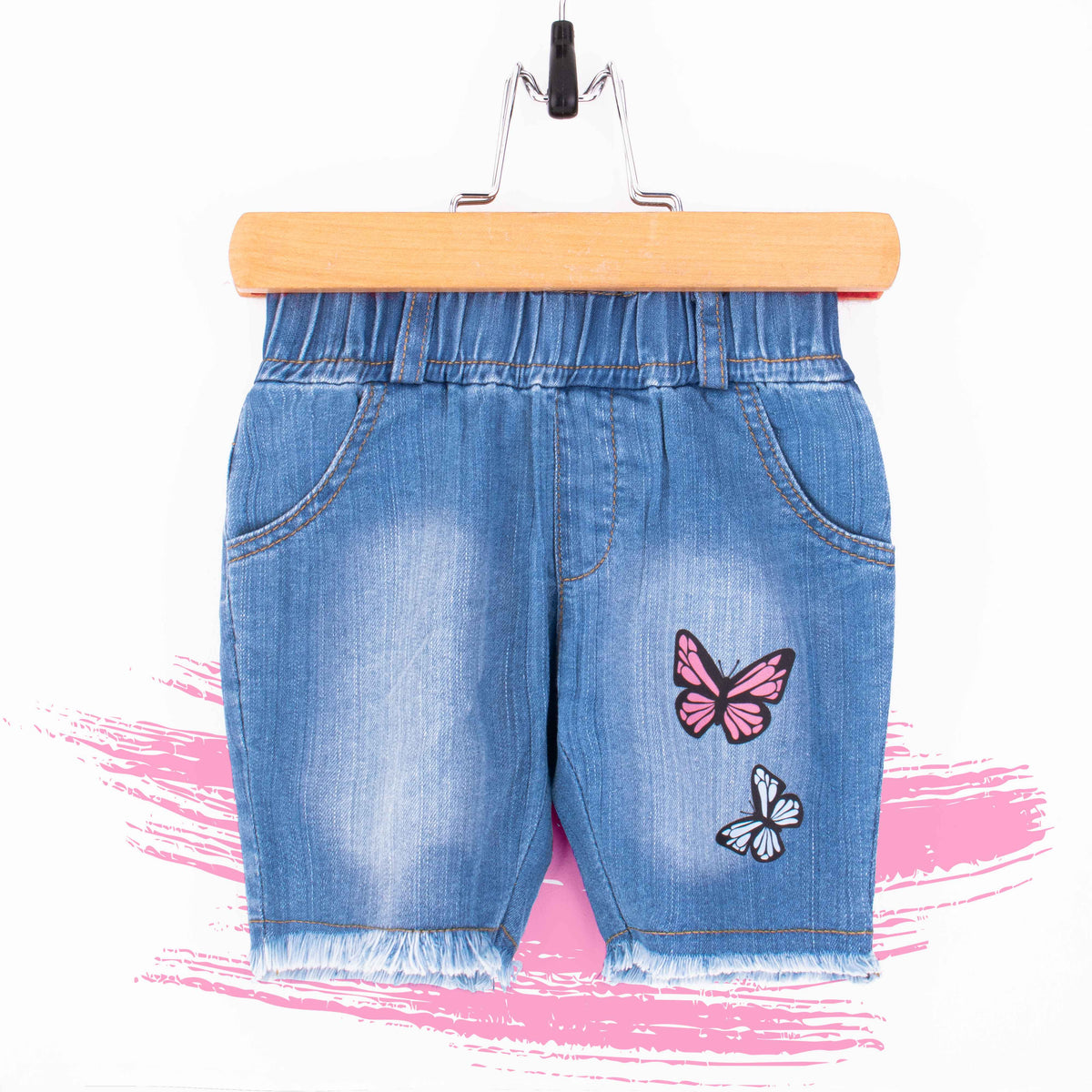 Baby Girl Light Blue Denim Butterfly Print Shorts