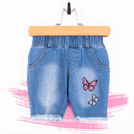 Baby Girl Light Blue Denim Butterfly Print Shorts