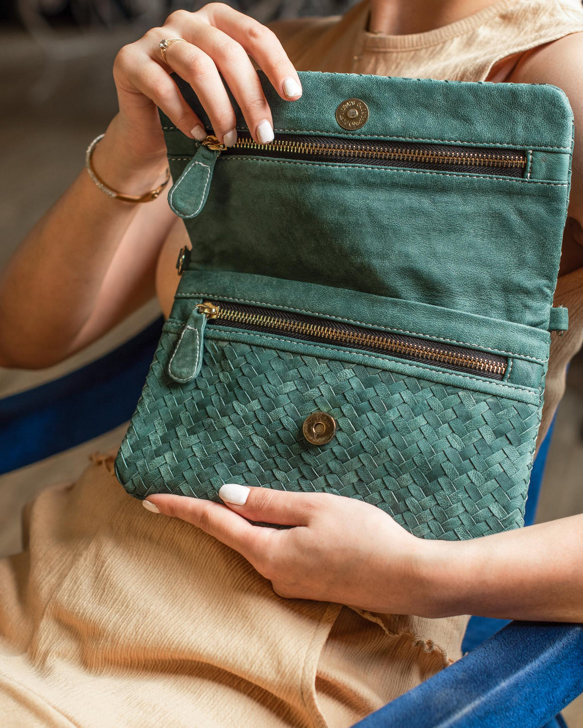 Woven Dreams Fold Over Cross Body Leather Clutch- Zipper