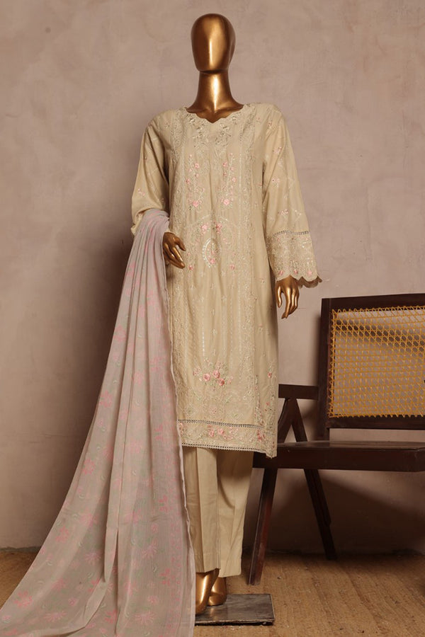 Bin Saeed Stitched 3 Piece Luxury Plain Cotton With Chiffon Dupatta Collection'2025-SMPC-1872-Skin